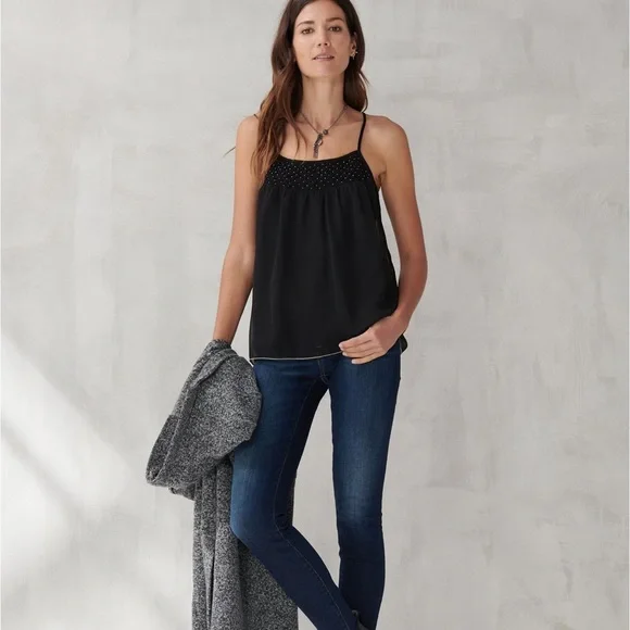 Lucky Brand smocked cami NWT black beaded tank top velvet straps Size Small - Picture 3 of 10